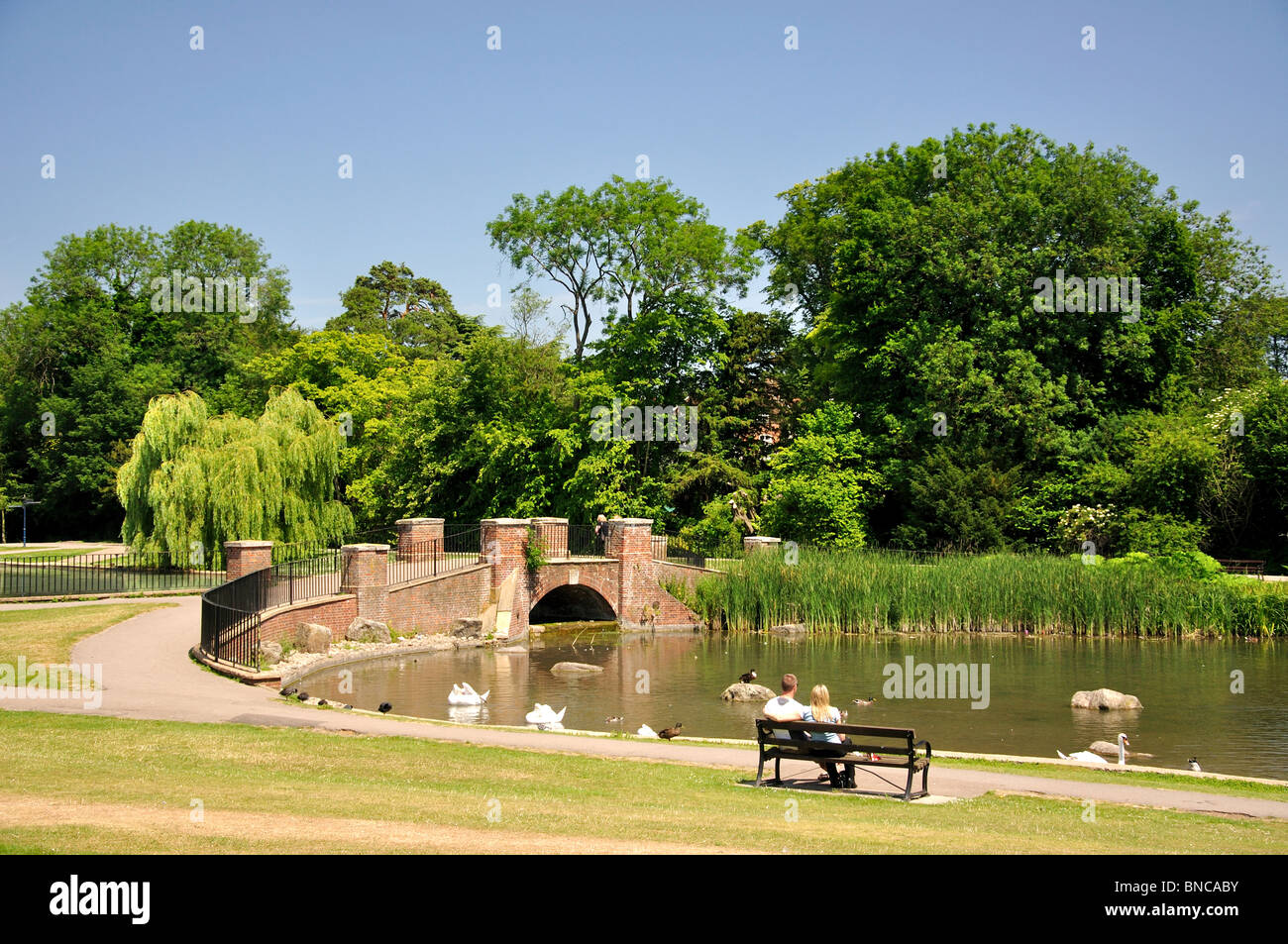 Steinbrücke über See, Verulamium Park, St. Albans, Hertfordshire, England, Vereinigtes Königreich Stockfoto