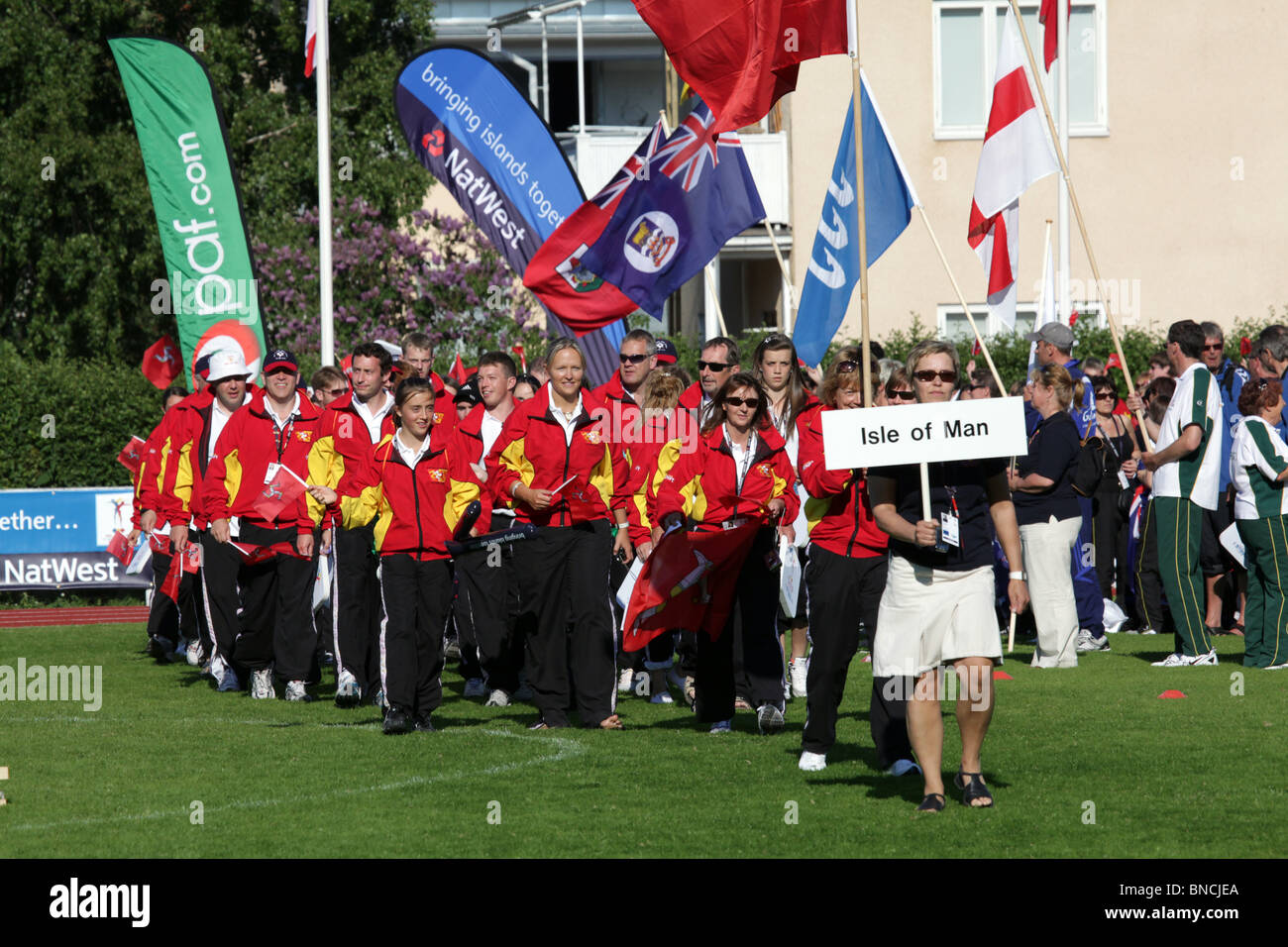 Isle Of Man Team marschieren in Öffnung Zeremonie Natwest Island Games 2009 Mariehamn Åland 27. Juni 2009 Stockfoto