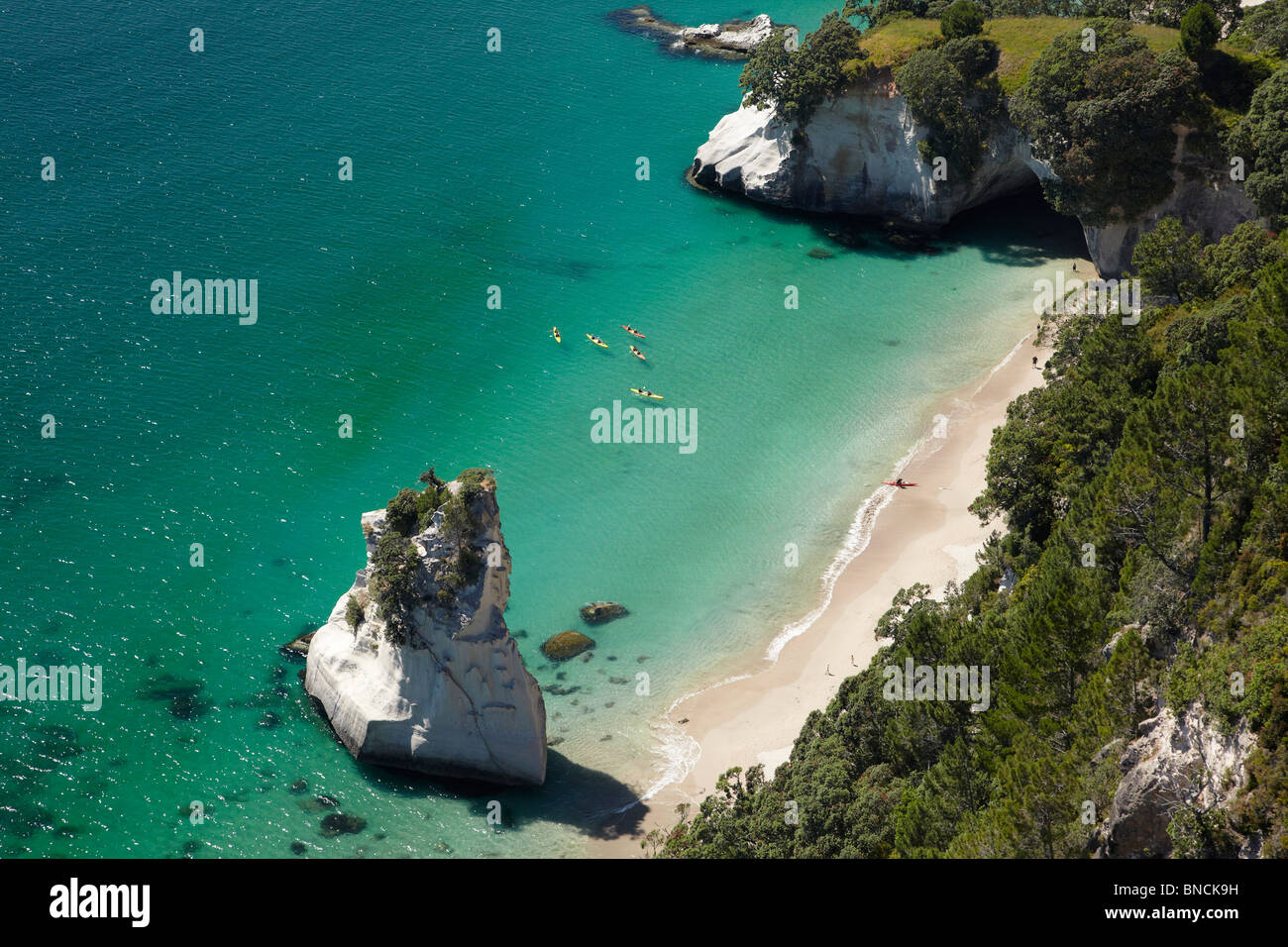 Kajaks am Cathedral Cove, Coromandel Peninsula, North Island, Neuseeland - Antenne Stockfoto