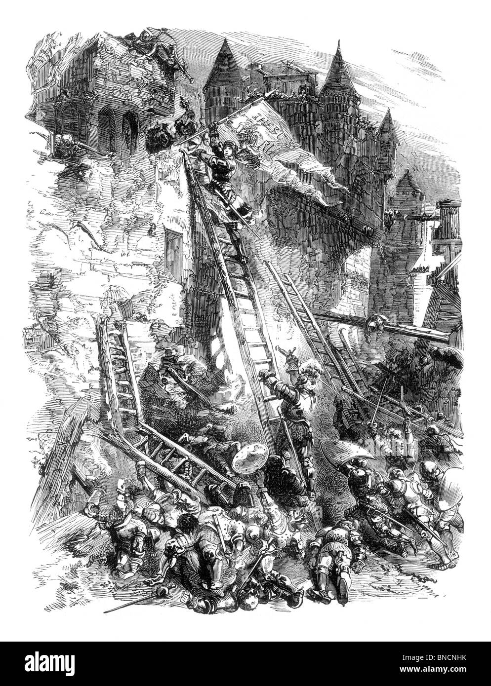 Schwarz und weiß Illustration of Joan of Arc tätlichen Angriffs auf den Zinnen an La Tournelle während der Schlacht von Orelans im Jahr 1429 Stockfoto