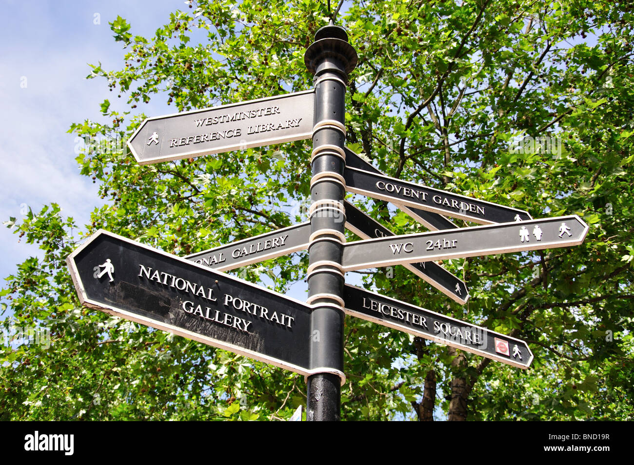 Sign post, Leicester Square, West End, The City of Westminster, Greater London, England, Vereinigtes Königreich Stockfoto