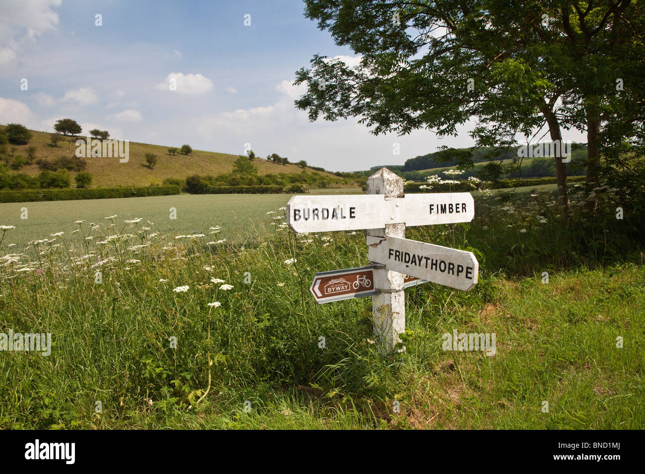 East Yorkshire Wegweiser auf die Yorkshire Wolds Stockfoto