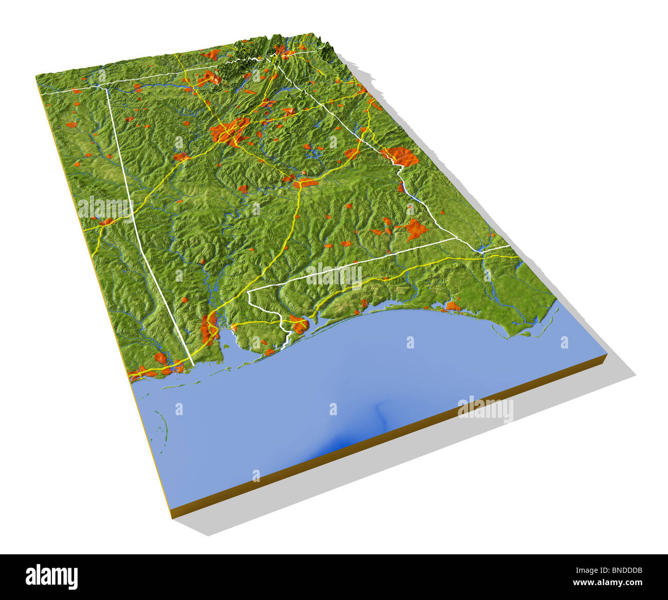 Alabama, 3D Reliefkarte mit städtischen Gebieten, Autobahnen und Grenzen. Stockfoto