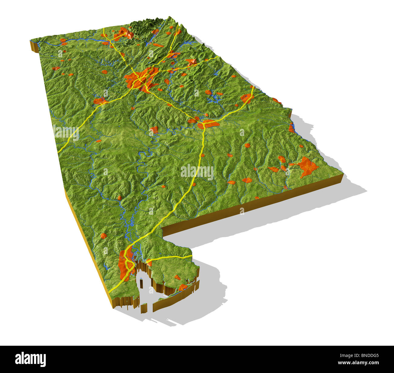 Alabama, 3D Reliefkarte Ausschnitt mit städtischen Gebieten und Autobahnen. Stockfoto