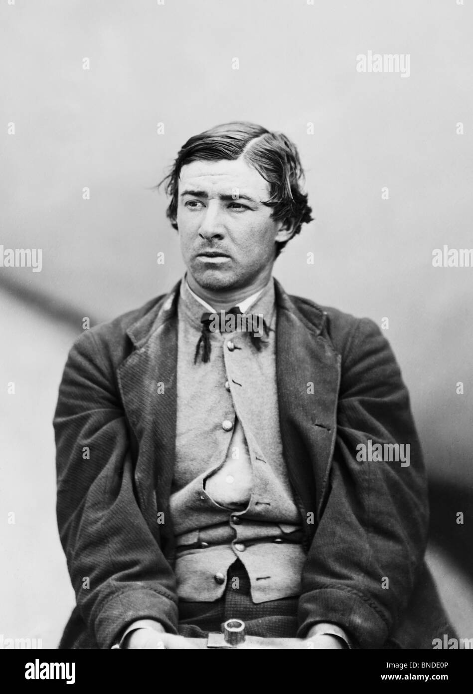 Verschwörer David Herold in Eisen nach der Ermordung von US-Präsident Abraham Lincoln im April 1865 - Herold wurde später aufgehängt. Stockfoto
