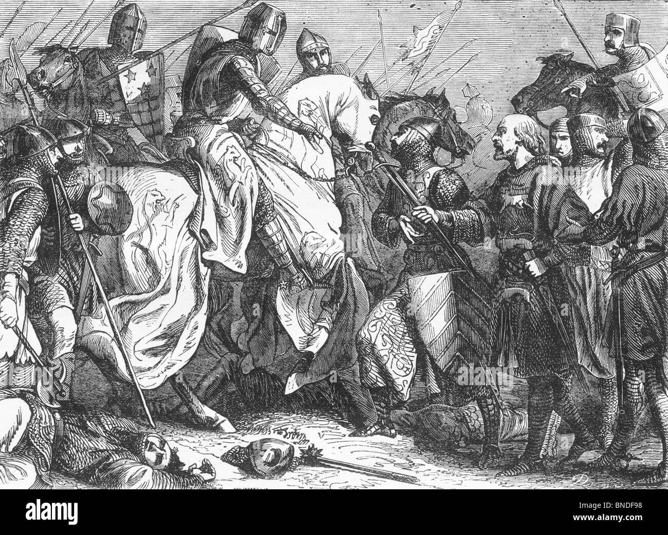 Schwarz / weiß Darstellung Heinrichs III. in der Schlacht von Lewes 14. Mai 1264 Stockfoto