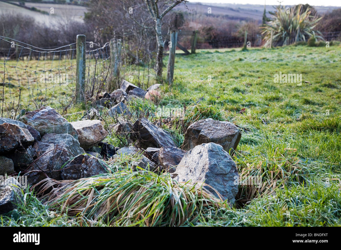 Rock Haufen Lebensraum für Insekten und Eidechsen; Kleinbetrieb; Cornwall Stockfoto