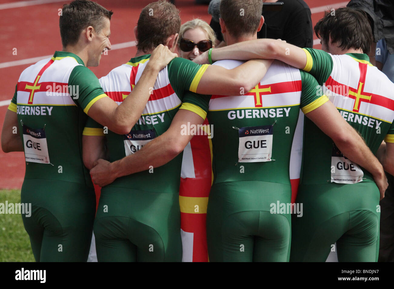 Guernsey gewinnt die Männer 4x400m Staffel bei Natwest Island Games 2009, 3. Juli 2009 Stockfoto