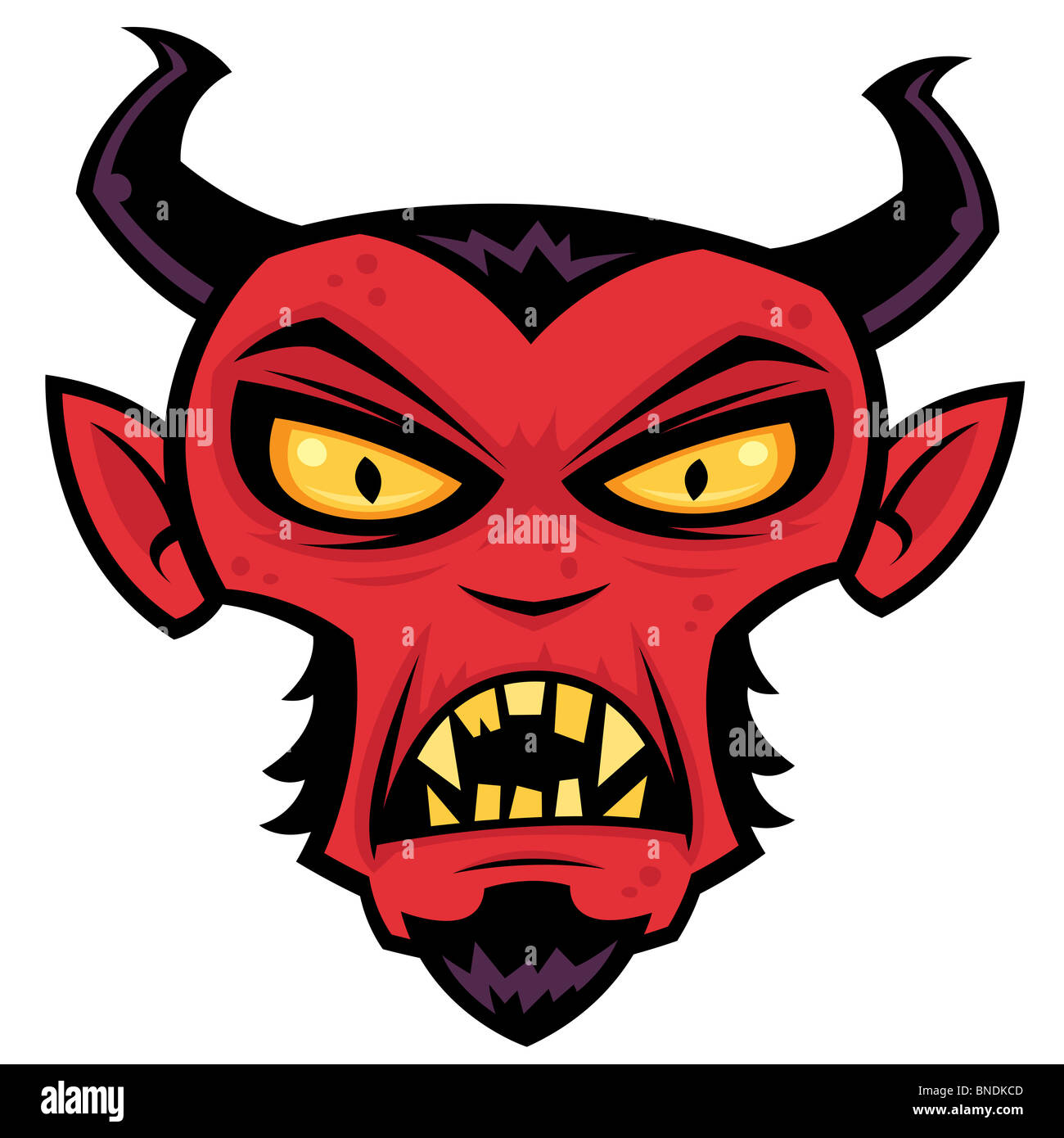 Verrückter Teufel Charakter. Cartoon Illustration eine mittlere rote Teufel-Charakter mit Hörnern, Spitzbart, gelbe Augen und Zähne. Stockfoto