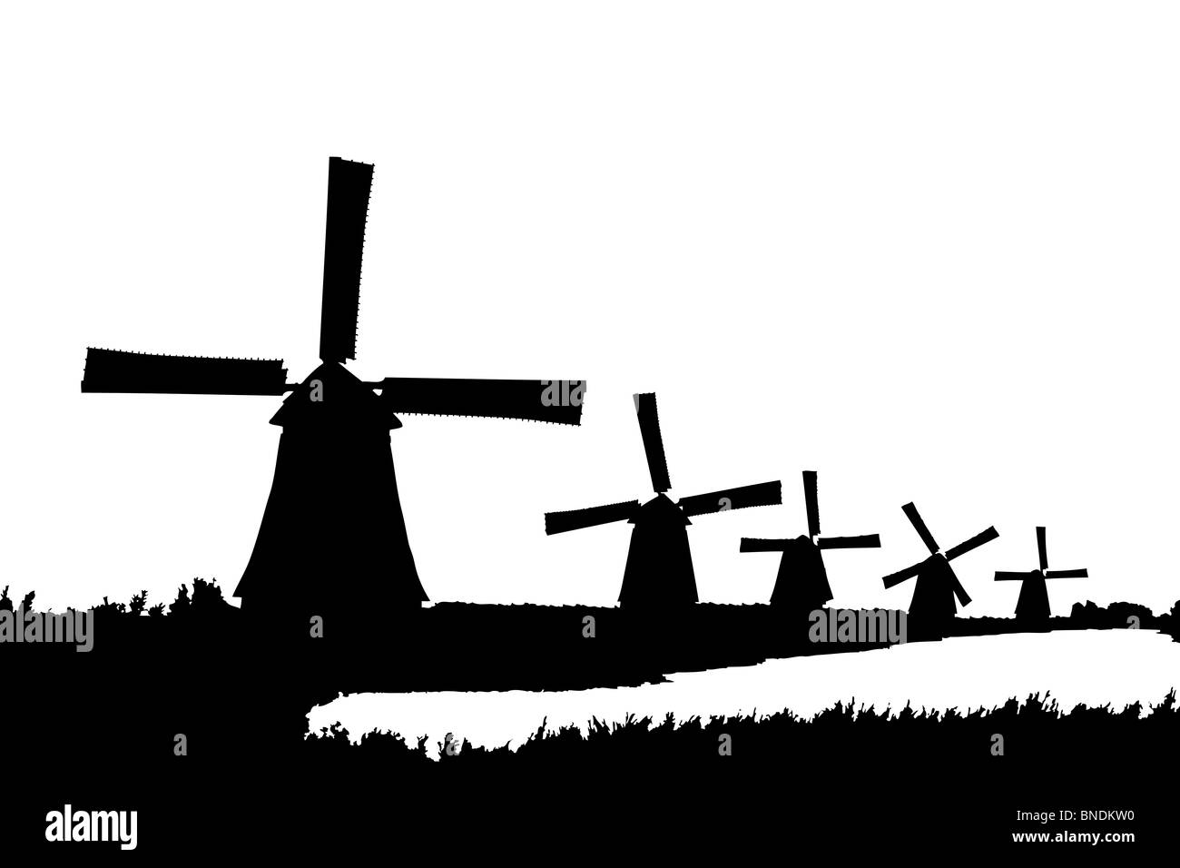 Eine Silhouette von Windmühlen in Kinderdijk, Holland Stockfoto