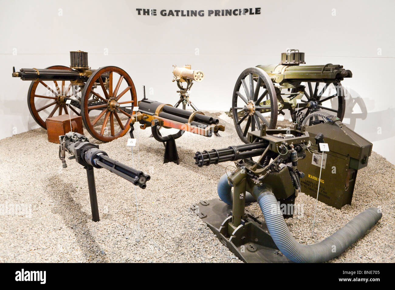 Eine Ausstellung der frühen Maschinengewehre in das Royal Armouries Museum, Leeds Stockfoto