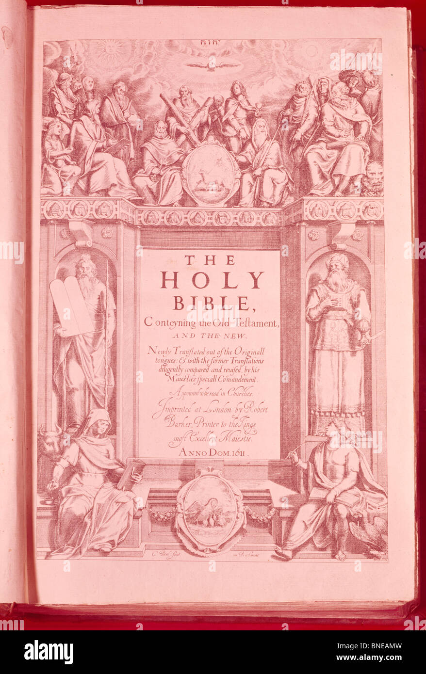 Titelseite der King James-Bibel, Lithographie, USA, New York, New York City, American Bible Society, 1611 n. Chr. Stockfoto