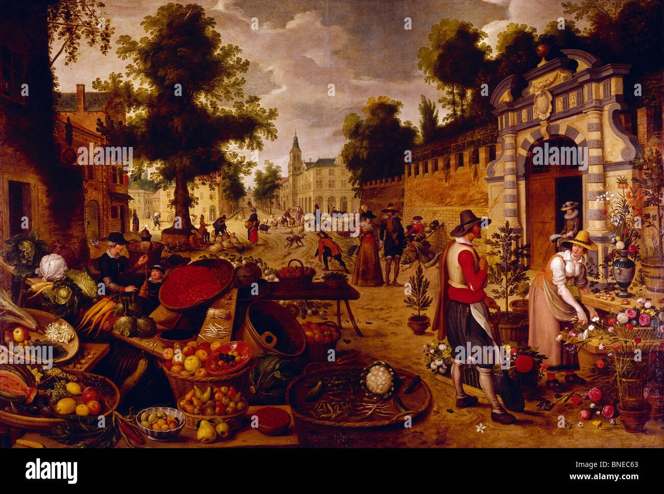 Obst- und Blumenmarkt von Sebastian Vrancx (1573-1647) Stockfoto