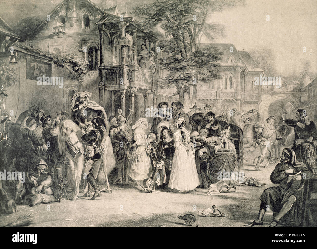 Chaucer und die Canterbury Pilger unbekannten Künstlers, Lithographie Stockfoto
