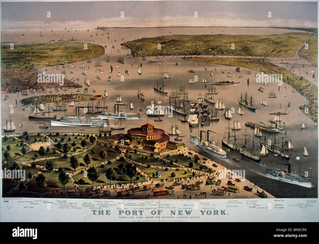 Hafen von New York die Vogelperspektive Blick von der Batterie nach Süden Currier & FARBLITHOGRAPHIE Ives (1834-1907/American) Stockfoto