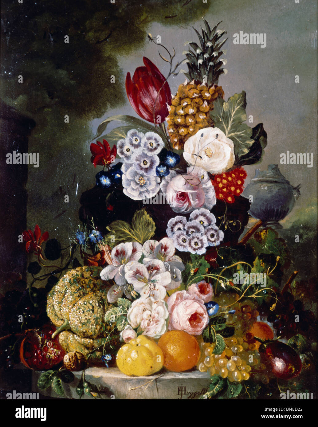 Stillleben mit Früchten und Blumen auf Stein Sims durch Francois Joseph Huygens, (1820 – 1908) Stockfoto