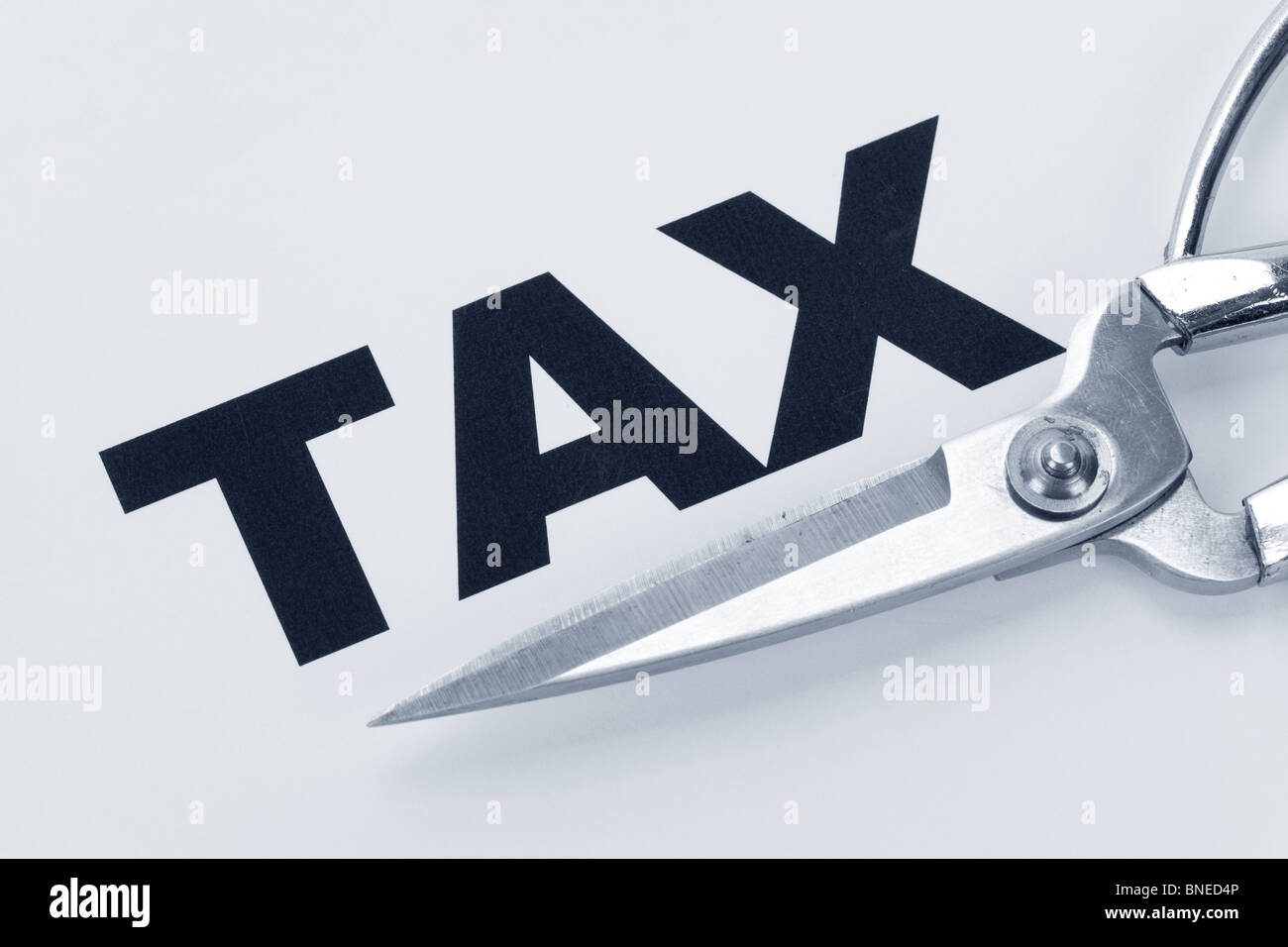 Text von Steuer- und Schere, Konzept der Steuer schneiden Stockfoto