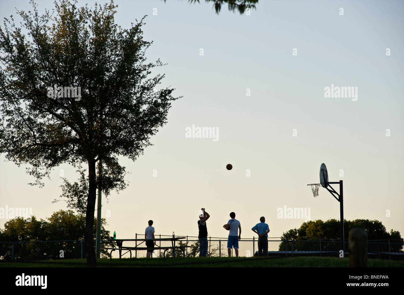 Junge Erwachsene spielen Basketball in Twilight, Texas, USA Stockfoto
