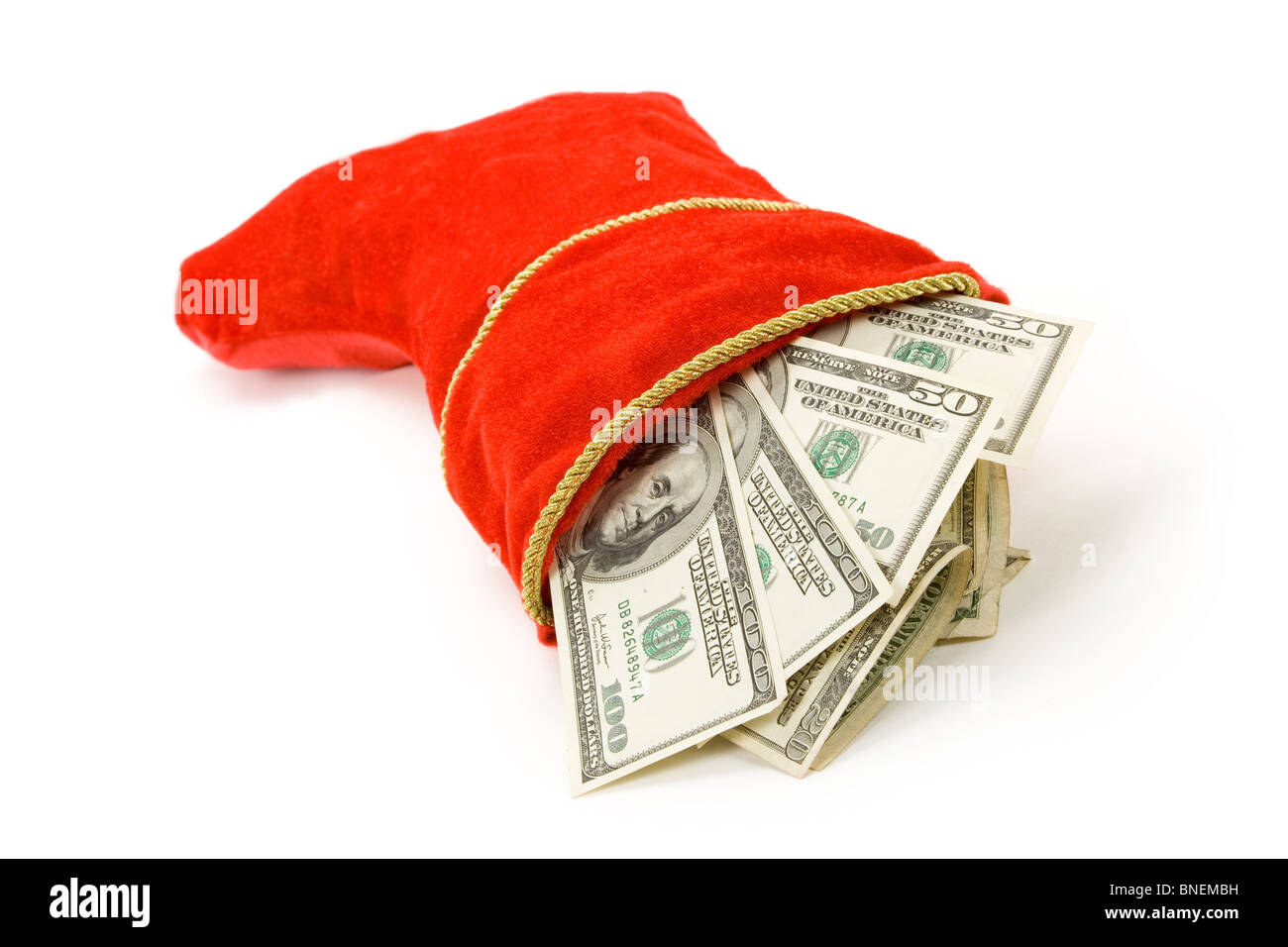 Weihnachts-Strumpf und US-Dollar, Nahaufnahme Stockfoto