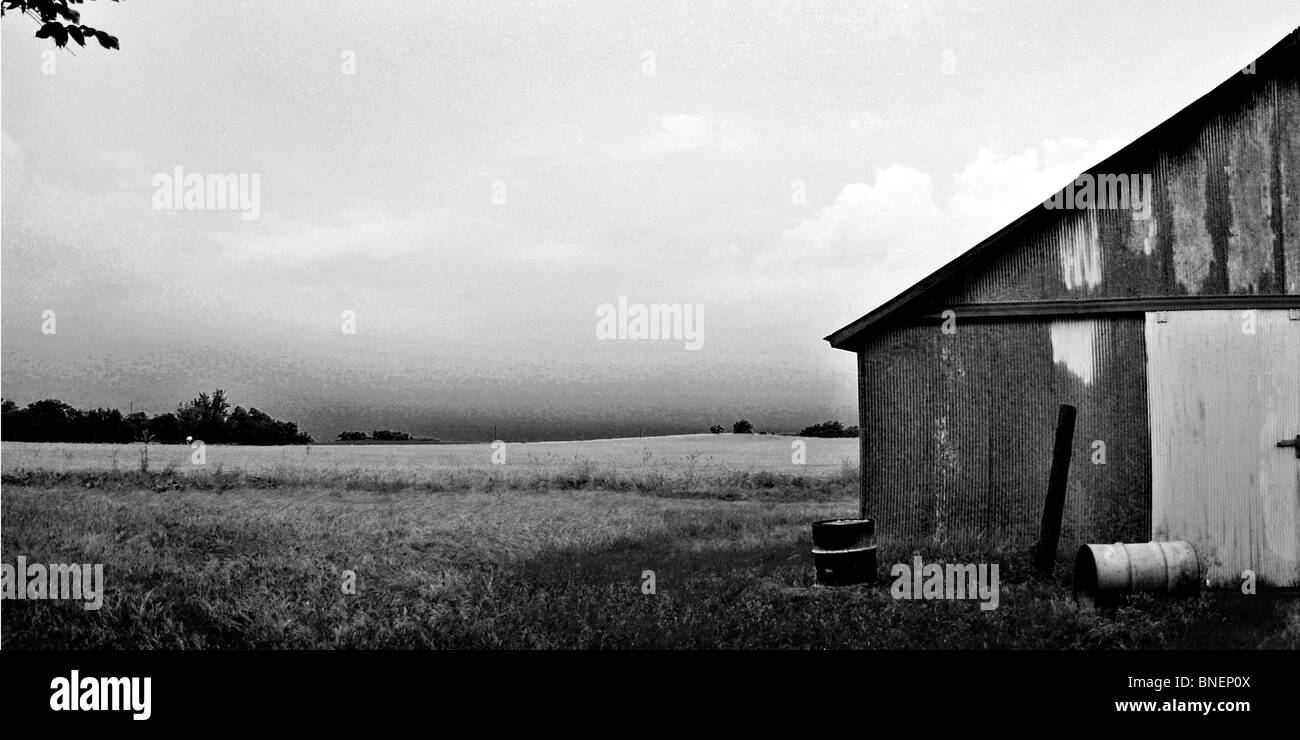 US-Kernland umfasst, "Farmscapes", Ranchland, staubige Straßen, Rasen landet, Rinder, Pferde, rotem Lehm, roten Schmutz und verwüsteten Gebiete Stockfoto