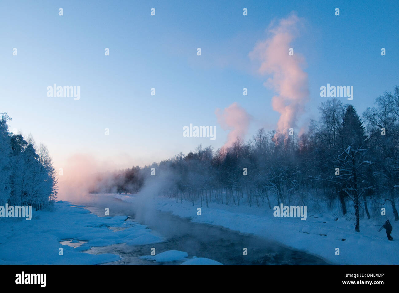 Neblige Aussicht auf die Umgebung des Flusses in Kuhmo, Finnland, bei Sonnenuntergang im Winter, alle in der Nähe Vegetation durch kondensierte Eis aufgrund extrem niedriger Temperaturen bedeckt. Stockfoto