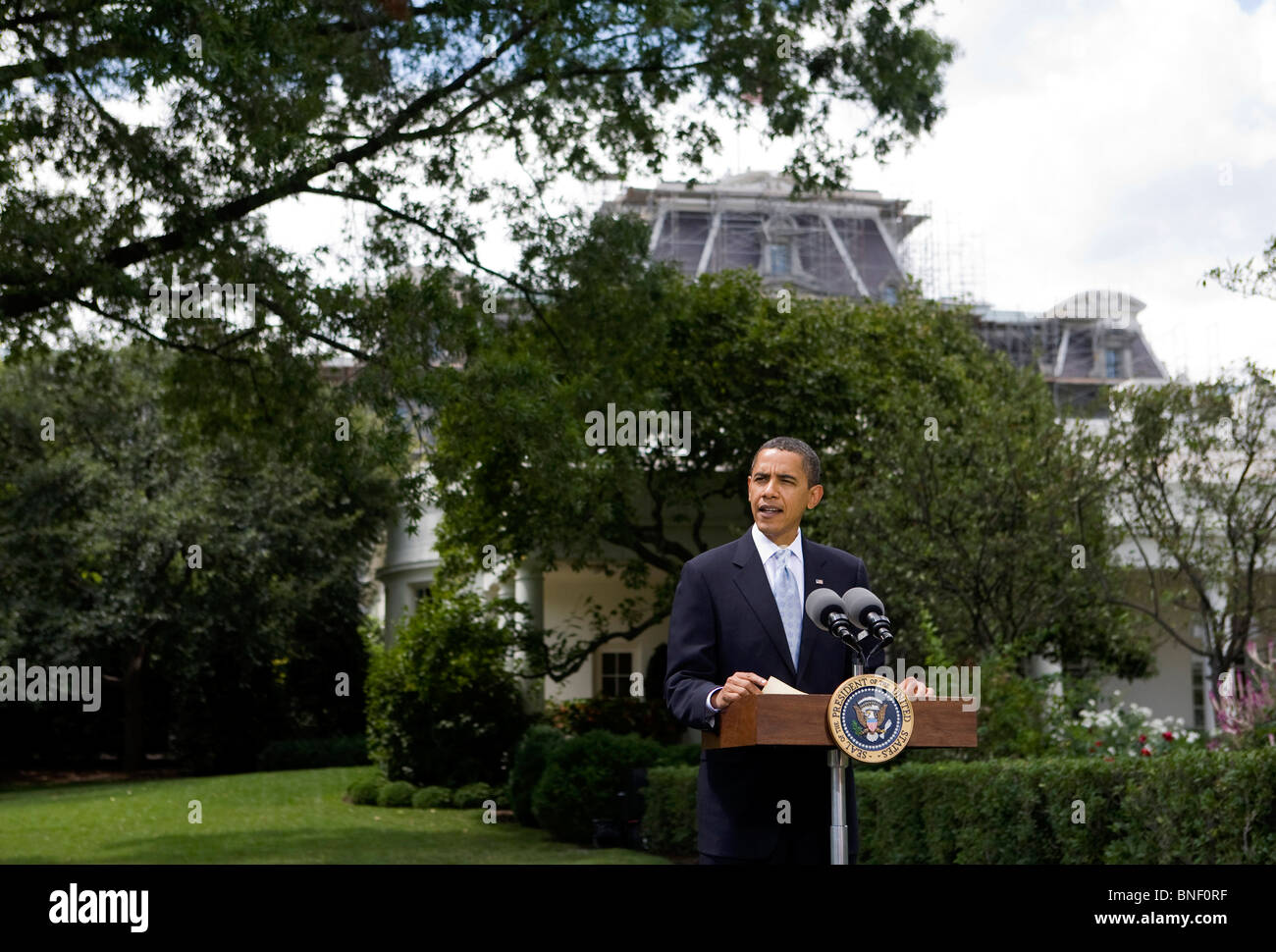Präsident Barack Obama spricht über die südlichen Rasen des weißen Hauses Stockfoto
