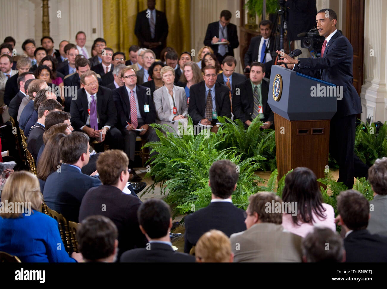 Präsident Barack Obama die Fragen während einer Prime-Time-Pressekonferenz im Weißen Haus. Stockfoto