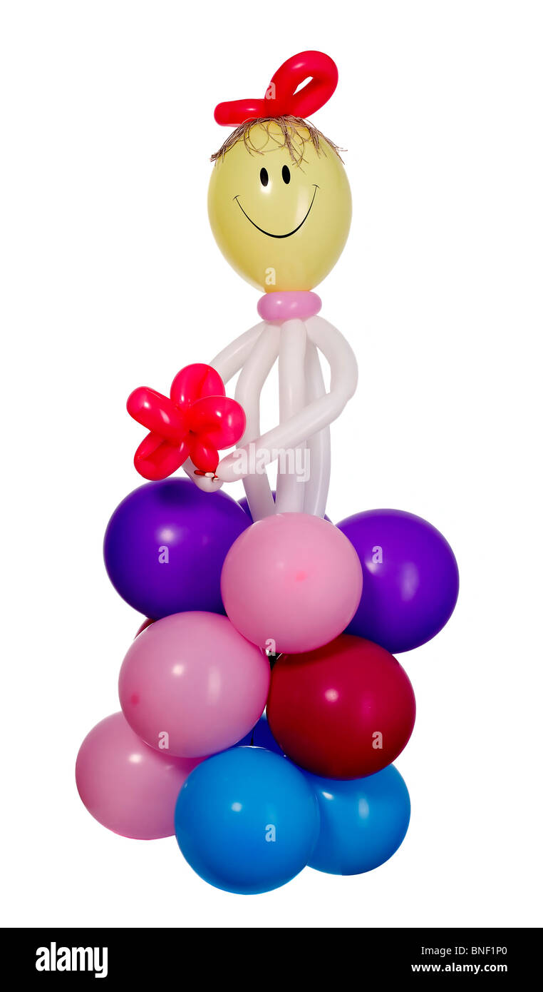 Glückliche Figur des Mannes mit vielen Luftballons, lustige Konzept Stockfoto