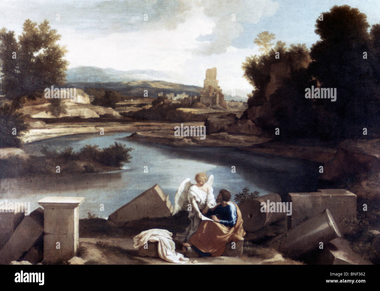 Landschaft mit Saint Matthäus und der Engel von Nicolas Poussin (1594-1665) Stockfoto