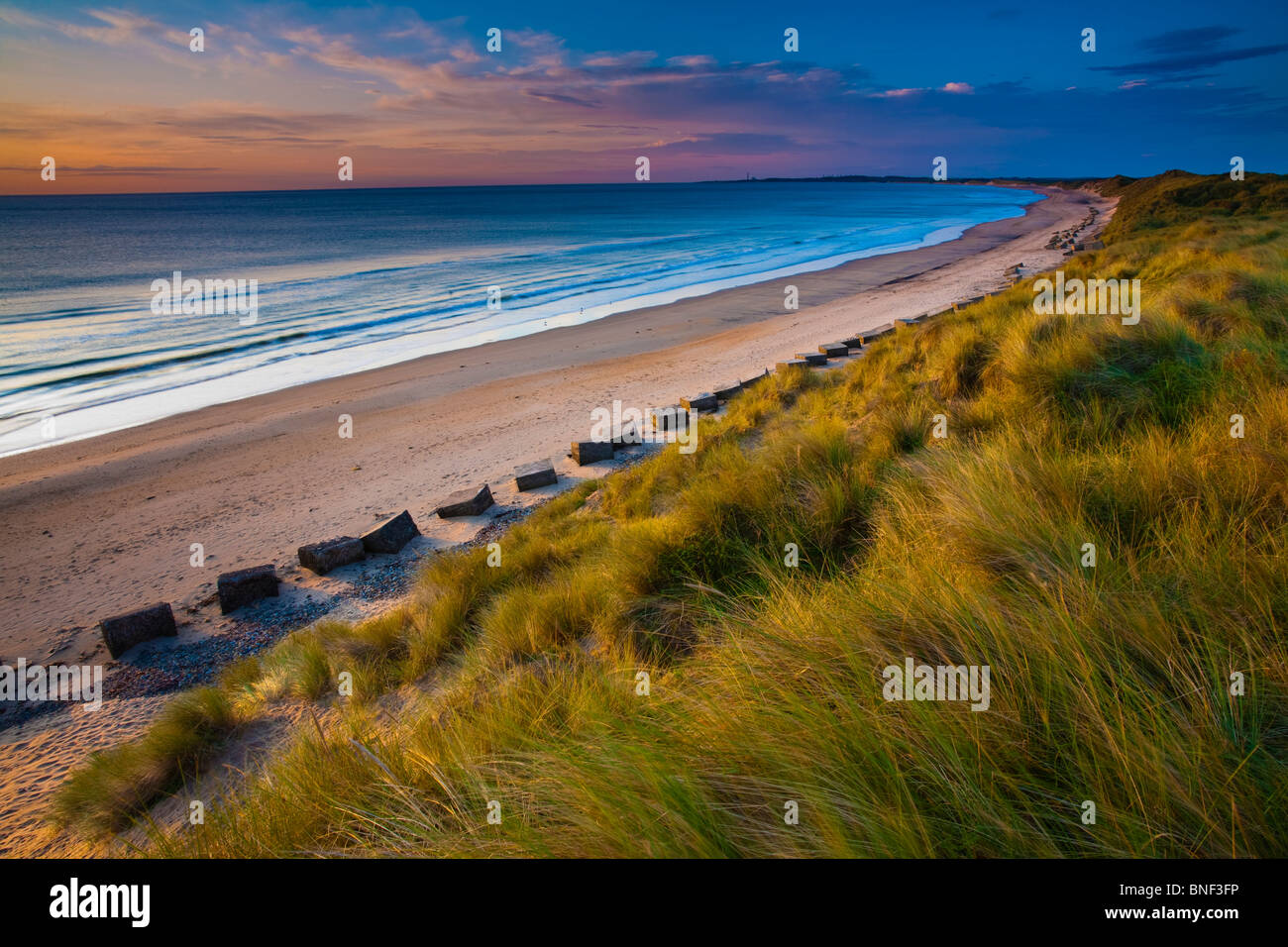 England, Northumberland, Druridge Bay. Eine dramatische weite Sanddünen Farbsäume der malerische Strand von Druridge Bay Stockfoto
