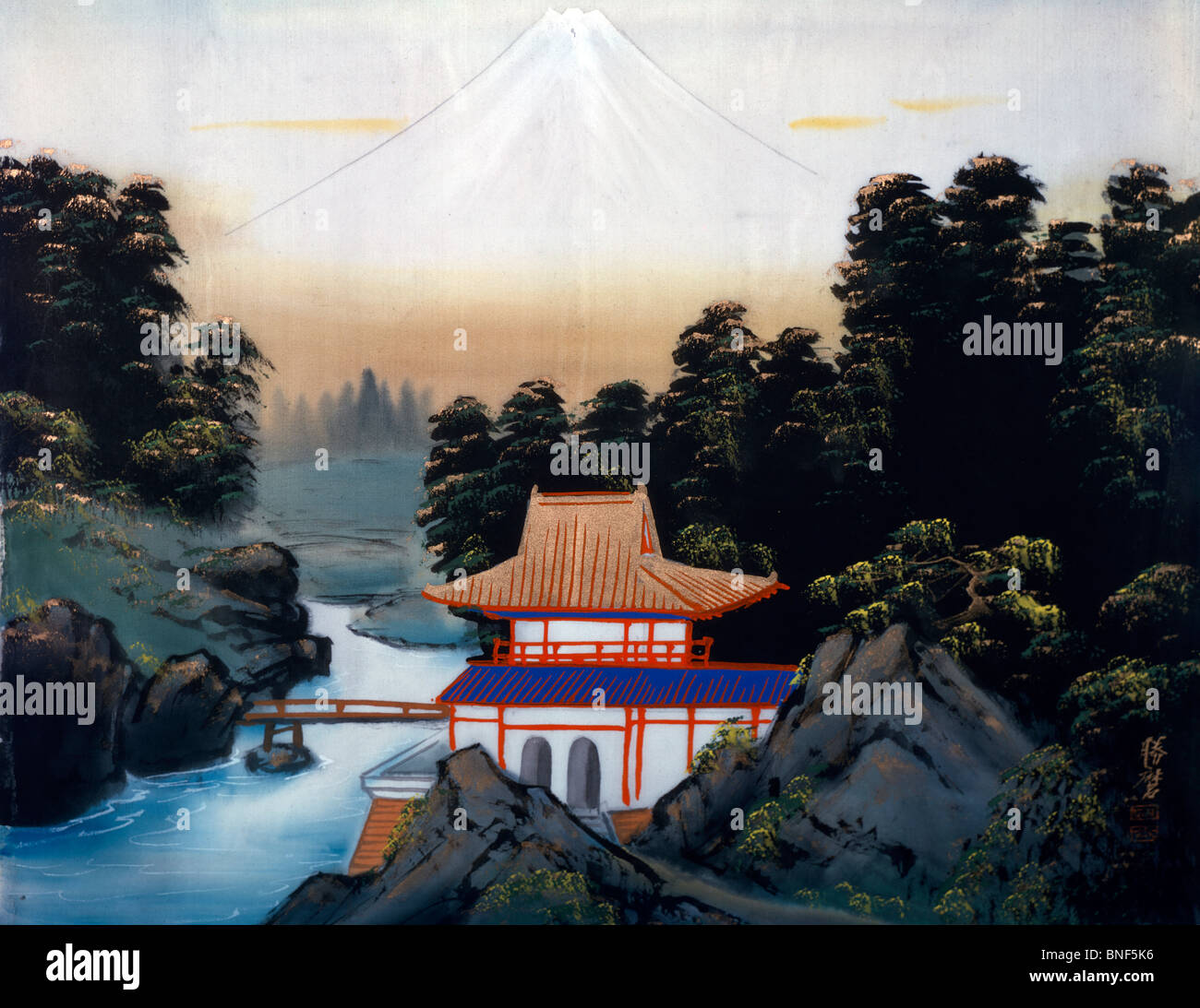 Kleine Pagode am Bach, japanische Kunst Stockfoto