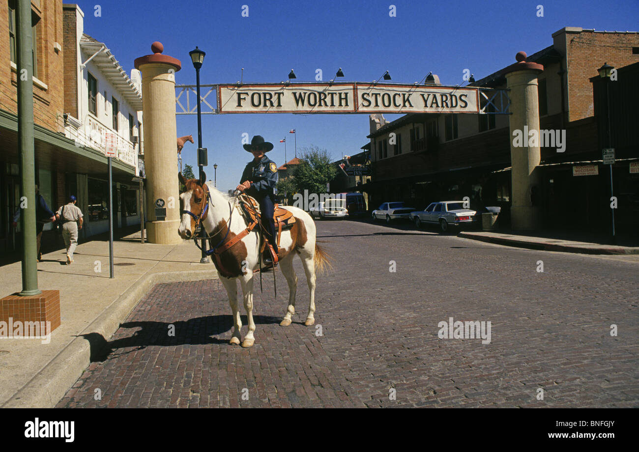 Ein Polizist zu Pferd in der historischen Viehhof District of Fort Worth, Texas Stockfoto