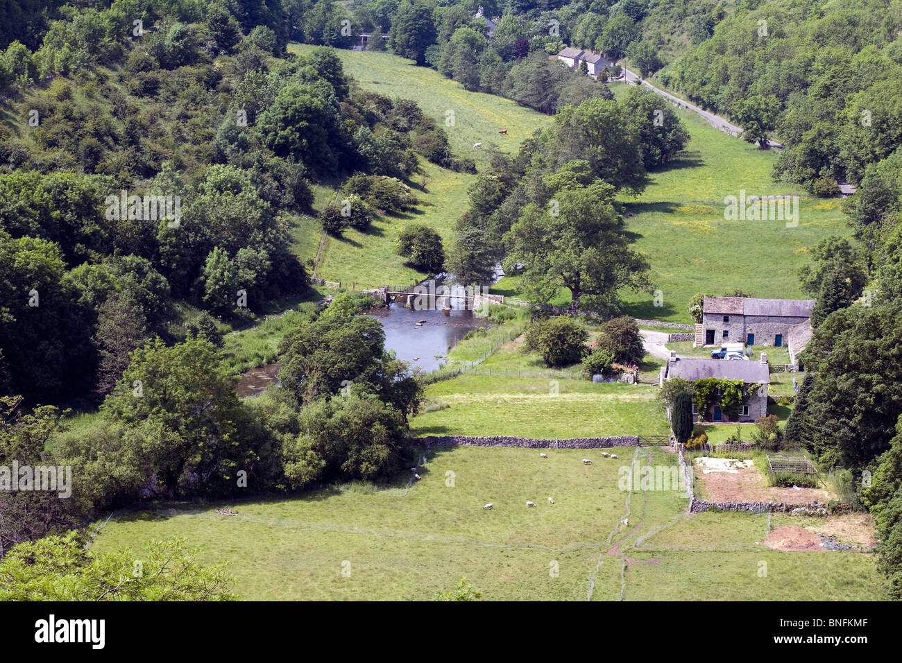 Monsal Dale und The River Wye von Monsal Kopf, in der Nähe von Bakewell, Peak District National Park, Derbyshire Stockfoto