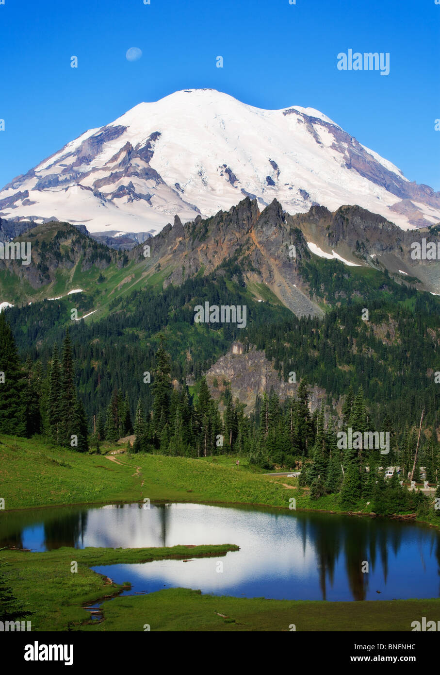 Ostflanke des Mount Rainier mit oberen Tipsoo See im Vordergrund Stockfoto