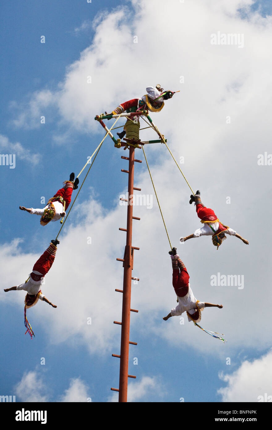 Die EL TAJIN zeremonielle SKYDANCER von VERACRUZ führen während der INDEPENDENCE DAY - SAN MIGUEL DE ALLENDE, Mexiko Stockfoto