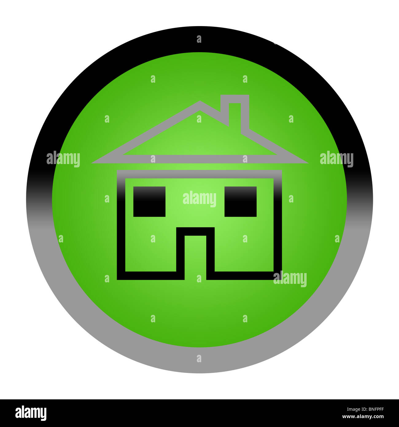 Grüne Öko-Haus oder Taste "home" isoliert auf weißem Hintergrund mit Textfreiraum. Stockfoto
