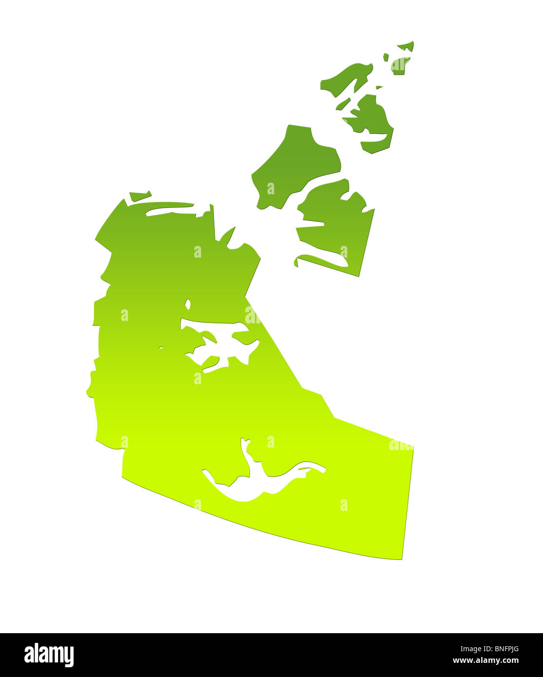 Nordwest-Territorien Provinz von Kanada Karte Farbverlauf grün isoliert auf weißem Hintergrund. Stockfoto