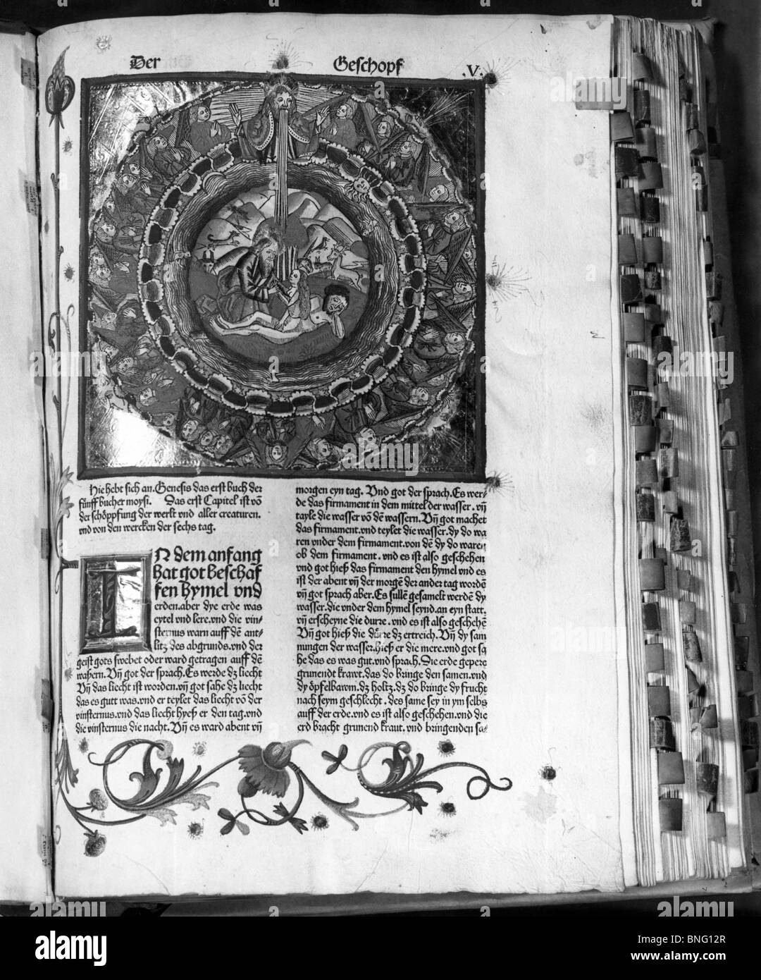 Erste Seite der Genesis, deutsche Bibel 1483 Stockfoto
