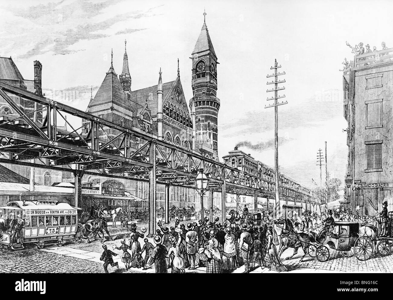 Erster Lauf der sechste Avenue-Hochbahn im Jahr 1878 von unbekannten Künstler drucken Stockfoto