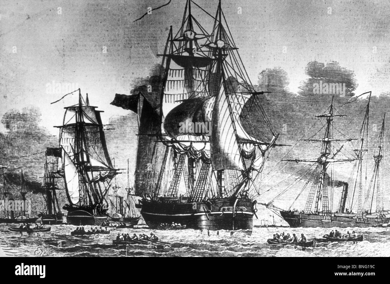 Ausscheiden von Kapitän Austins Expedition aus England, HMS Resolute & Unterstützung von unbekannten Künstler drucken Stockfoto