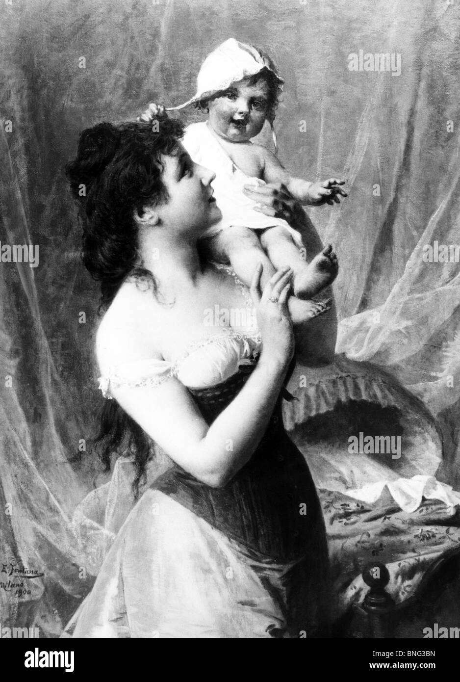 Mutter und Kind von unbekannten Künstler, Ölgemälde Stockfoto