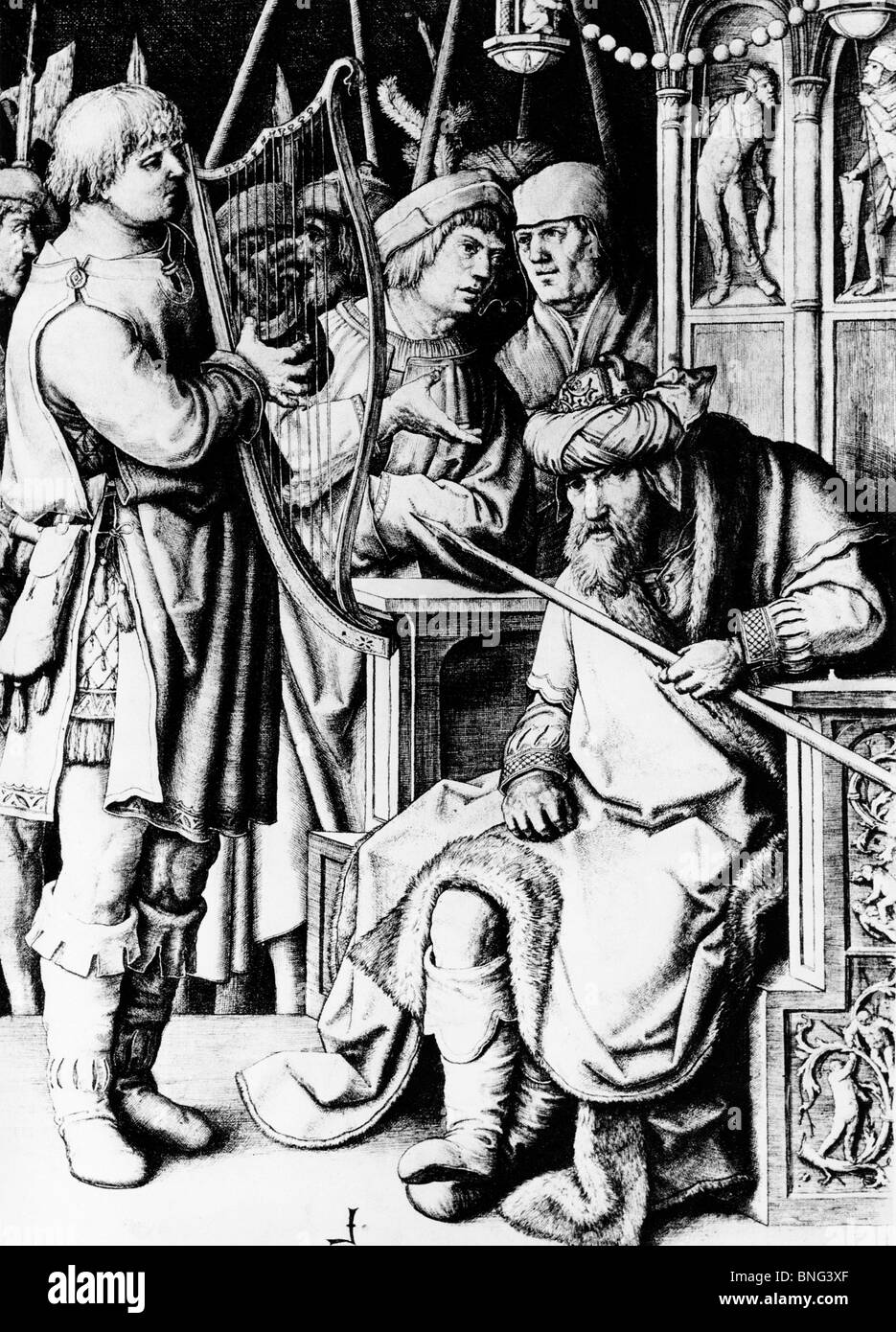 David spielt die Harfe für Saul von Lucas van Leyden, 1494-1533 Stockfoto