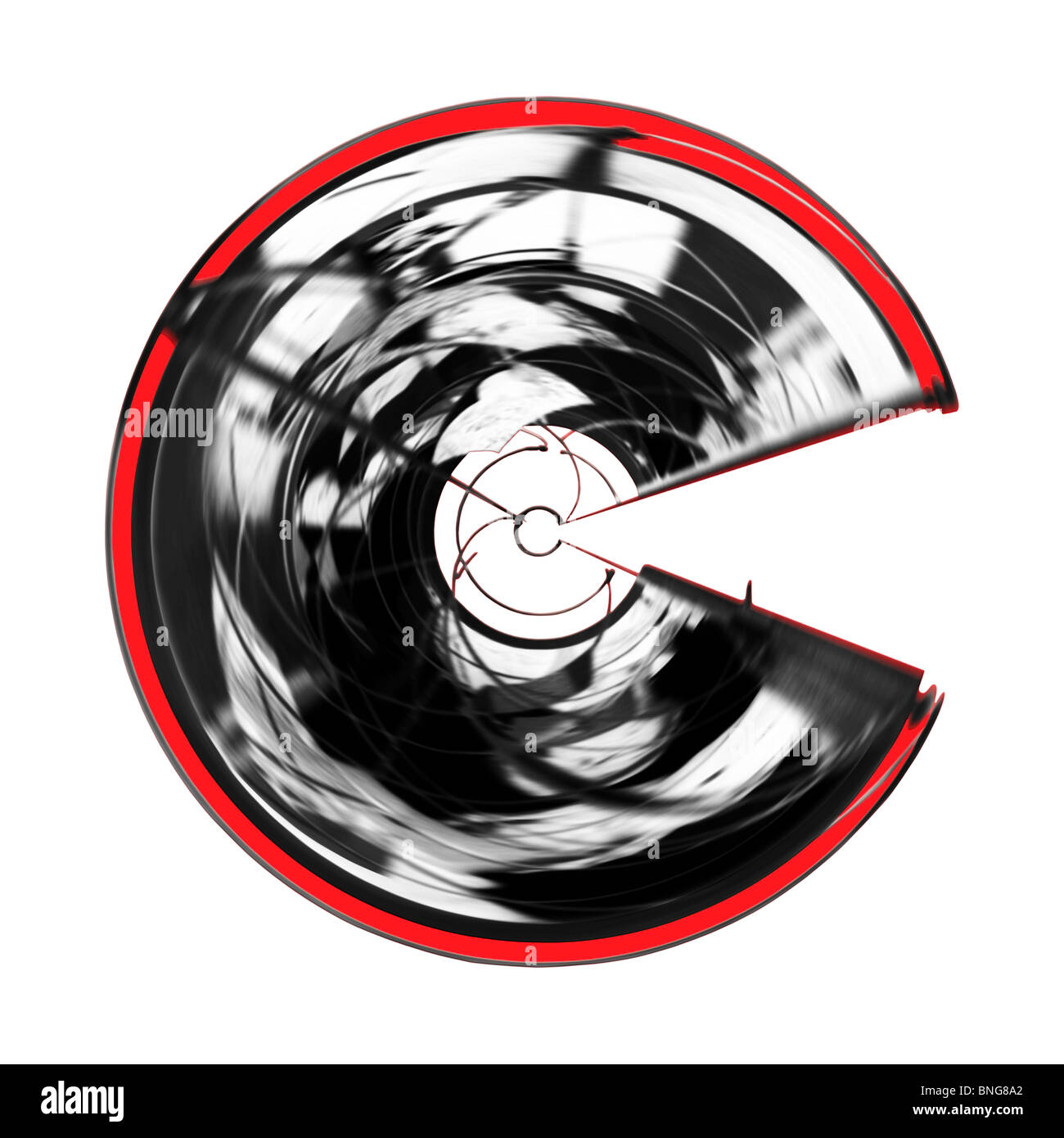 C-Zone abstrakte Form verwischt Metall Kreisbewegung kreative Bild, Grafik, Illustration in schwarz, weiß und rot, digital print Stockfoto