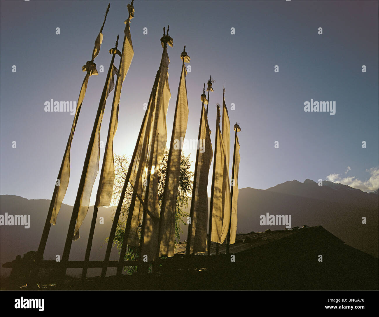 Gebetsfahnen am Shermatang in der Helambu Region Zentral-Nepal Stockfoto