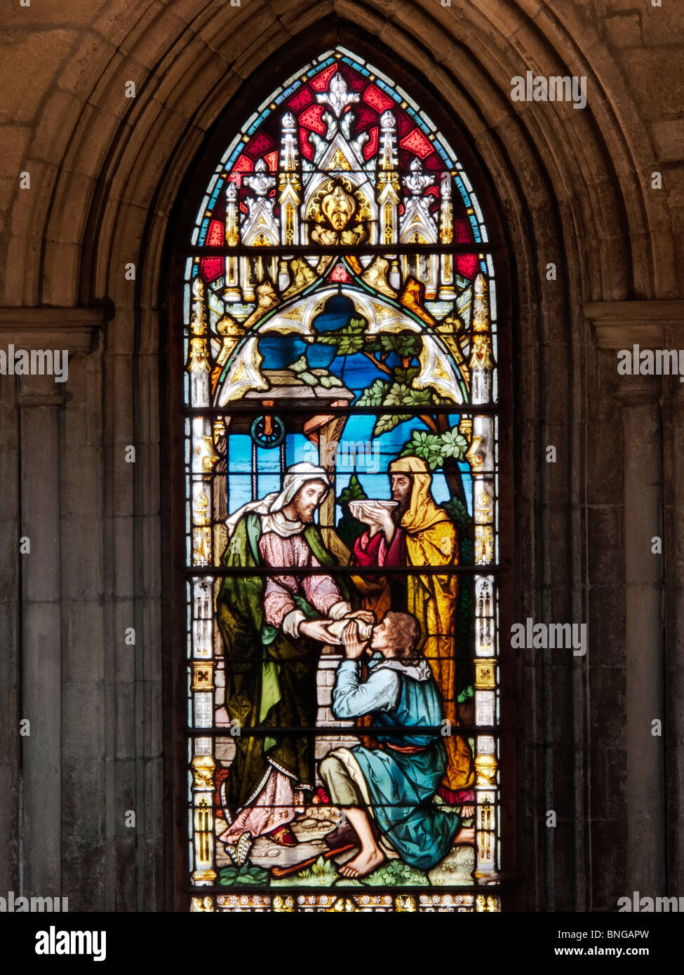 Viktorianische Glasfenster im Osten Querschiff von Hexham Abbey, Northumberland, England Stockfoto