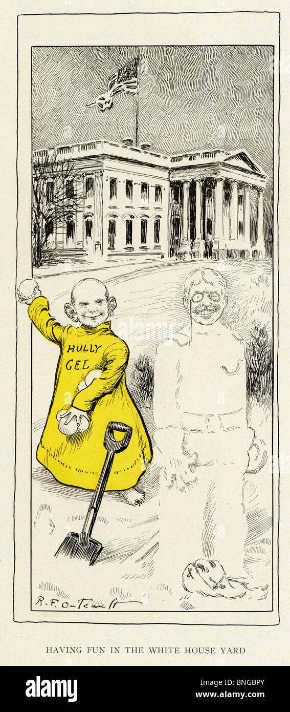 1903 Schneebälle werfen und Gravur, Yellow Kid "Having Fun im Weißen Haus Hof" auf einen Schneemann Teddy Roosevelt. Stockfoto