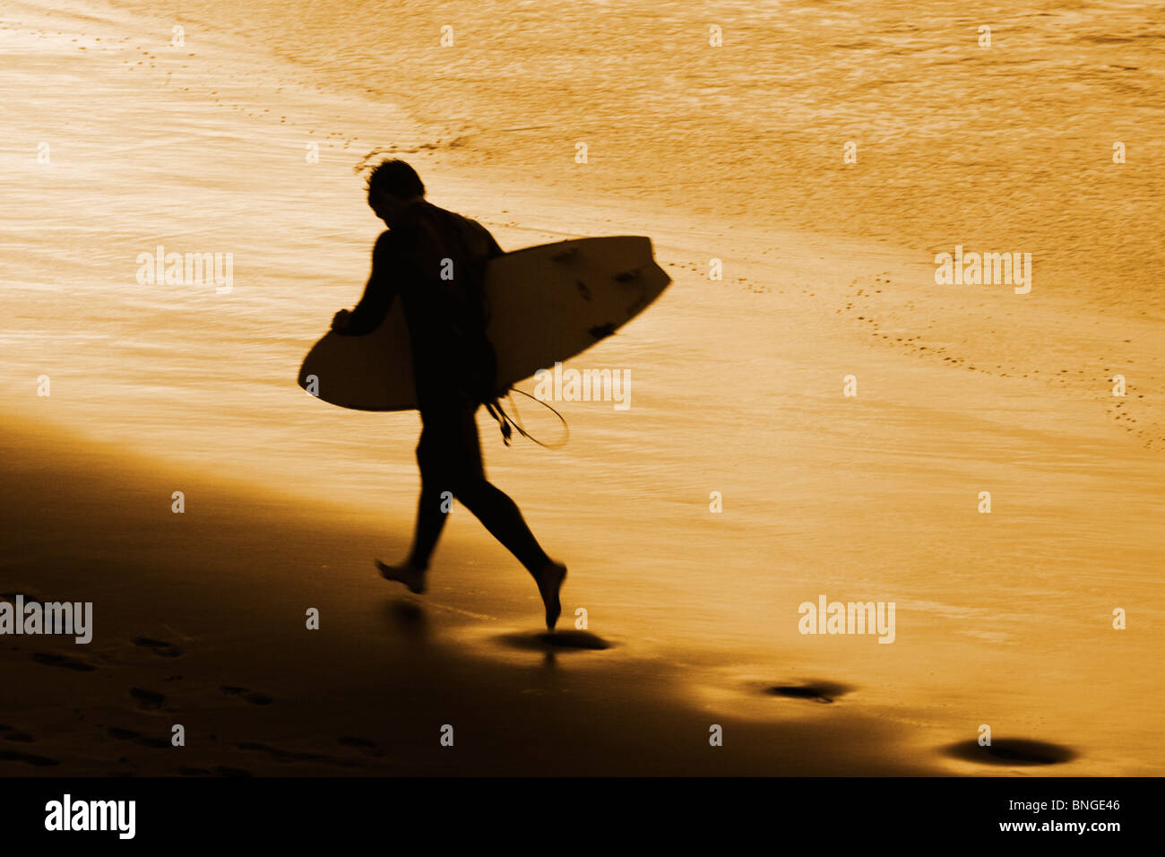 Surfer am Strand bei Sonnenuntergang laufen Stockfoto