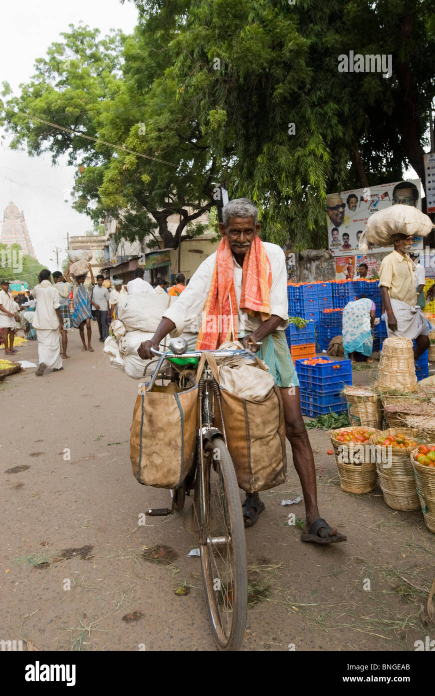 Mann mit Gemüse auf einem Fahrrad, Madurai, Tamil Nadu, Indien Stockfoto