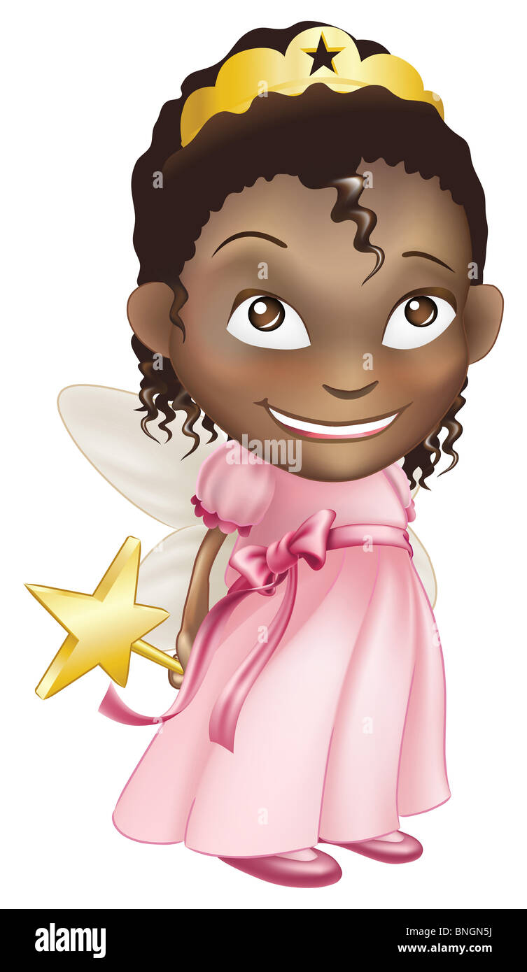 Eine Abbildung eines schwarzen Mädchens gekleidet in eine Fee Prinzessin Kostüm, mit einer Krone, Stern Zauberstab und Schmetterlingsflügel Stockfoto