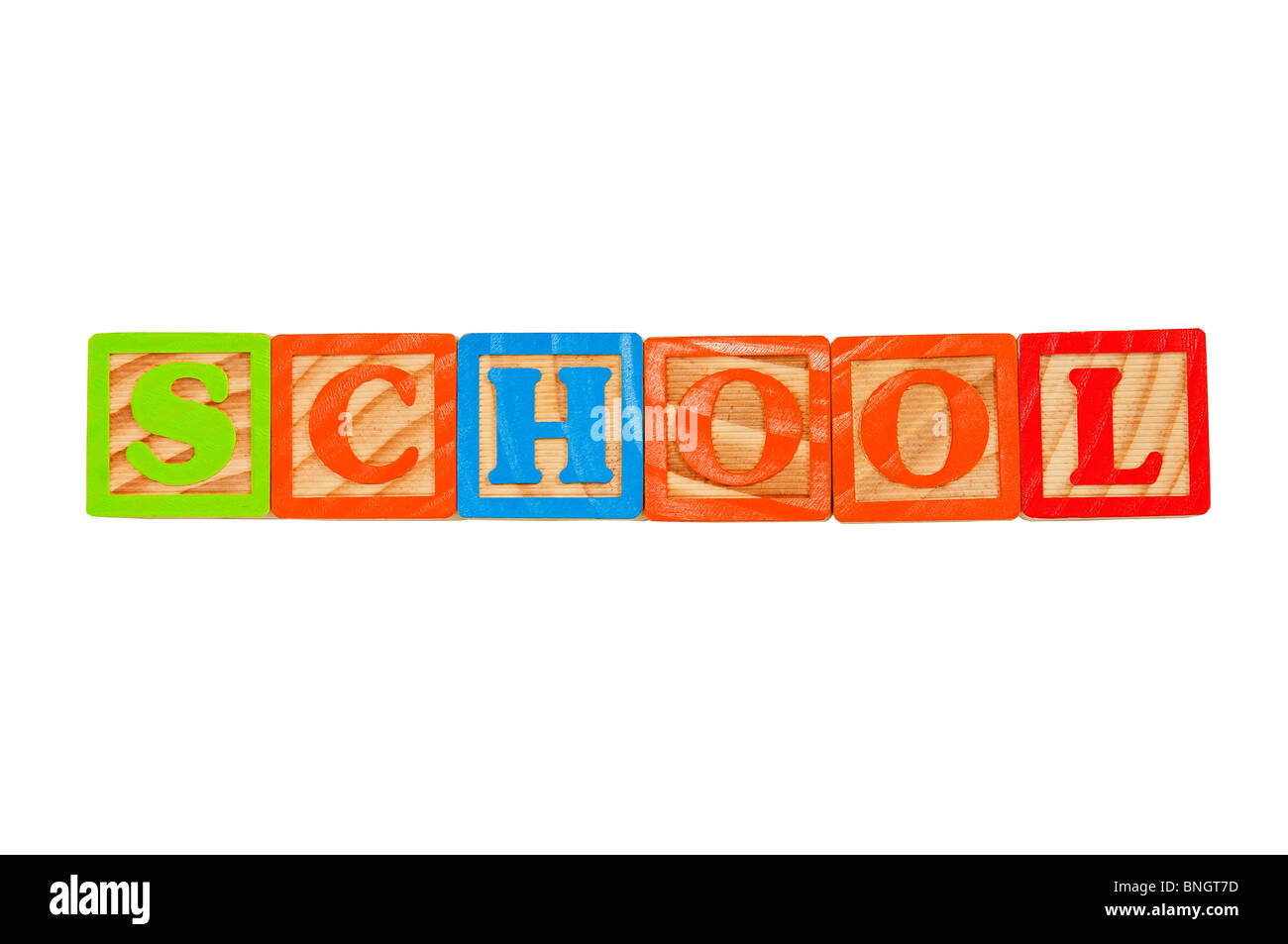 Kinder Alphabet Blocks Schreibweise des Wortes Schule in Großbuchstaben Stockfoto